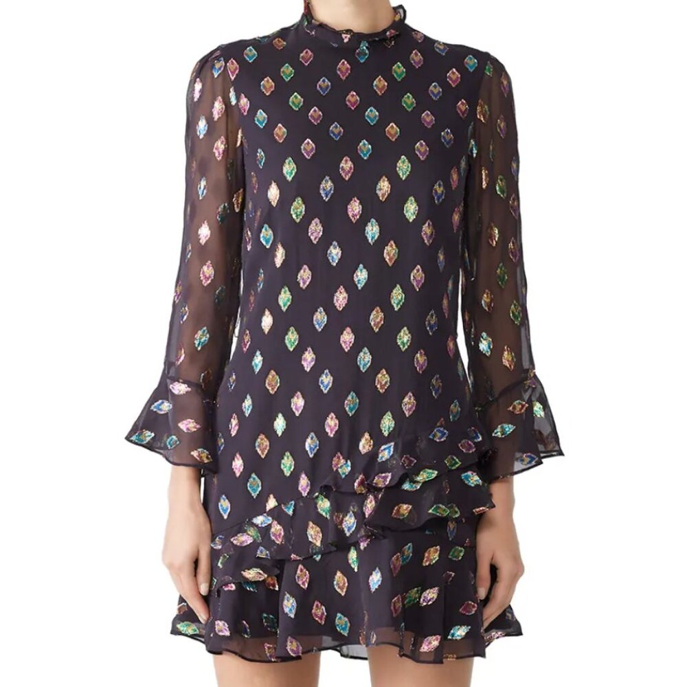 Saloni Marissa Silk Metallic Rainbow Floral Ruffle Mini Dress - US Sz 12